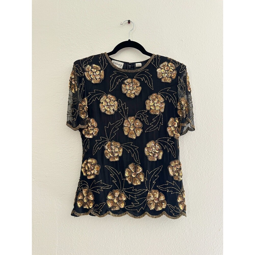 Ste'nay Vintage Silk Beaded Blouse Scalloped Hem Black Gold Evening Women's 6